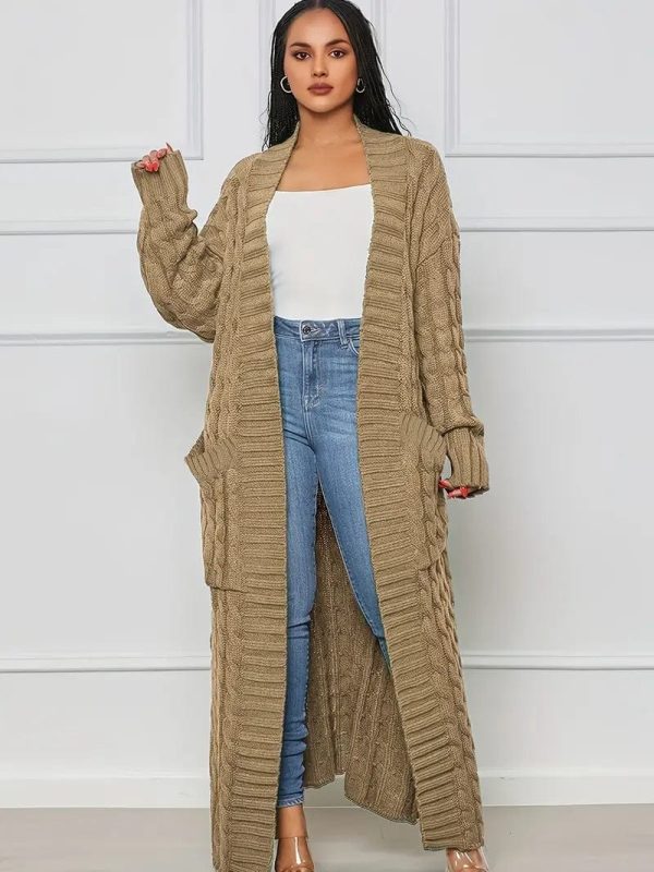 Elegant Solid Long Sleeve Mid-Calf Length Loose Cable Knit Cardigan - Image 4
