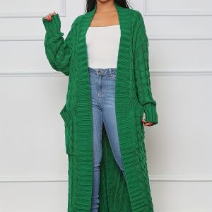 Elegant Solid Long Sleeve Mid-Calf Length Loose Cable Knit Cardigan