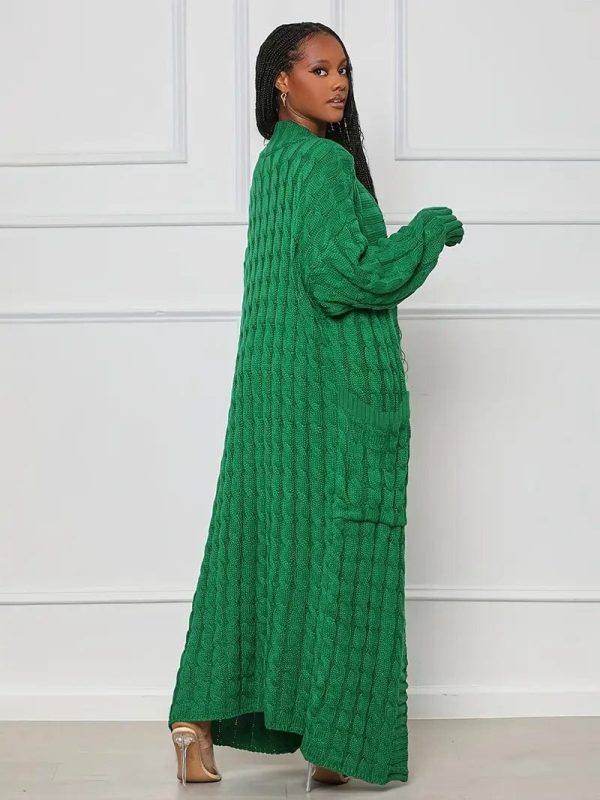 Elegant Solid Long Sleeve Mid-Calf Length Loose Cable Knit Cardigan - Image 2