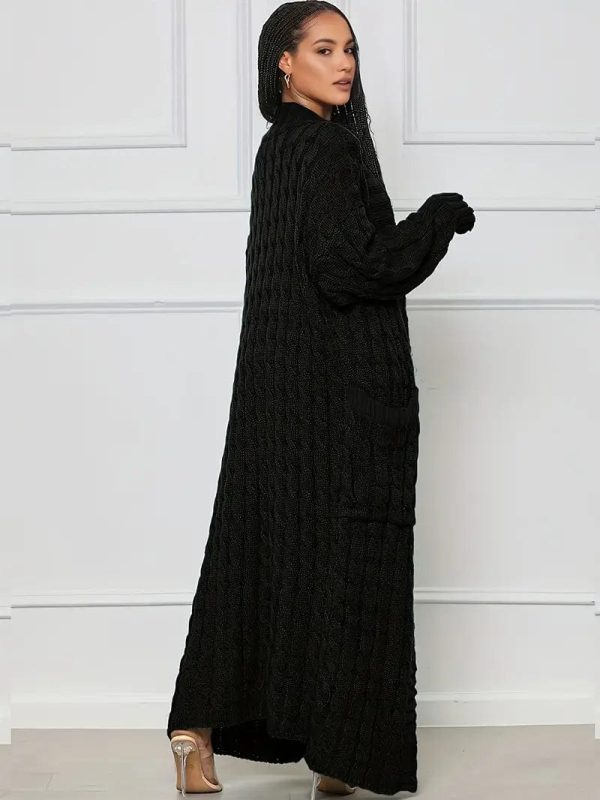 Elegant Solid Long Sleeve Mid-Calf Length Loose Cable Knit Cardigan - Image 3
