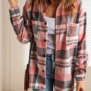 Pink Plaid Women'S Cardigan Style Loose Top With Long Sleeves