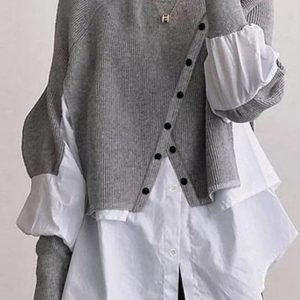 Stylish Gray Crochet Knit Pullover Sweater for Women
