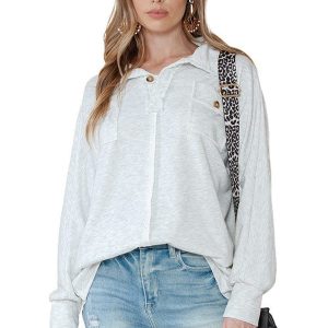 Versatile Gray Pullover With Lapel Collar Women'S Casual Sweatshirt