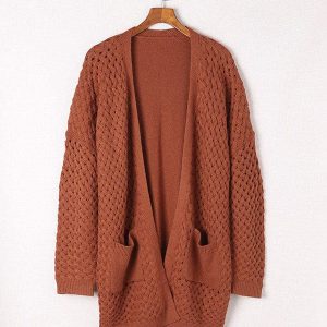 Women'S Comfortable Loose Knit Cardigan Sweater With Hollow Texture And Pockets