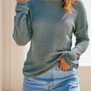Women'S Cozy Waffle Knit Pullover Sweater - Long Sleeve Round Neck Top