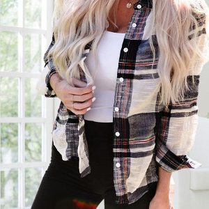Women'S Loose Plaid Cardigan Shirt With Casual Pocket