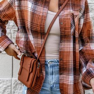 Women'S Plaid Print Single Breasted Lapel Shirt With Contrast Color - Fashionable Cardigan Style With Long Sleeves