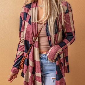 Women'S Red Plaid A-Line Cardigan With Long Sleeves