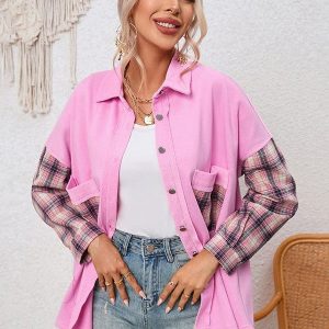 Women'S Rose Red Plaid Cardigan With Buttoned Pockets