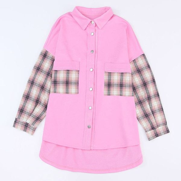 Women'S Rose Red Plaid Cardigan With Buttoned Pockets - Image 4