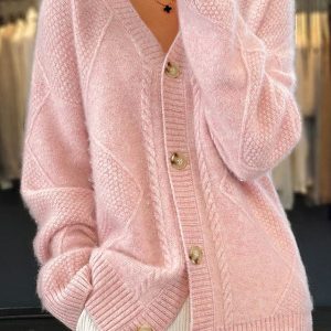 Ribbed V Neck Button-Up Cardigan Sweater for Women